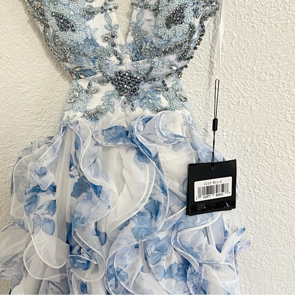 NWT Mac Duggal Floral Lace Up Tie Back Ruffle Shoulder Embellished Gown - Picture 7 of 15